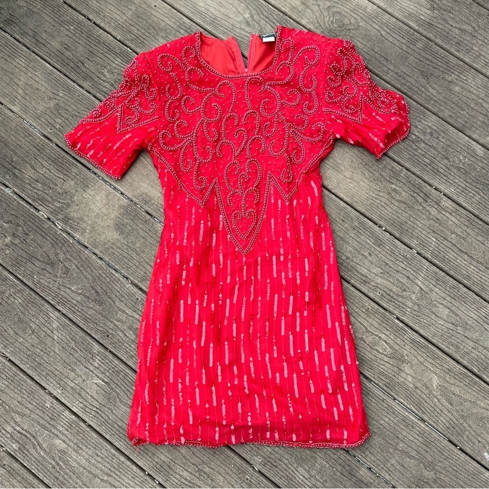 Vintage 80s Red Silk Beaded Embellished Flapper Shoulder Pad Mini Dress Size 6 - Picture 5 of 8